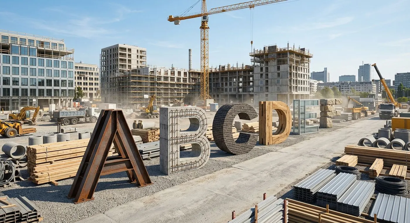 Große Buchstaben A, B, C, D auf einer Baustelle